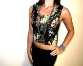 Vintage 80s 90s Black Tropical Beaded Shell Detail Cropped Tank Top Medium M