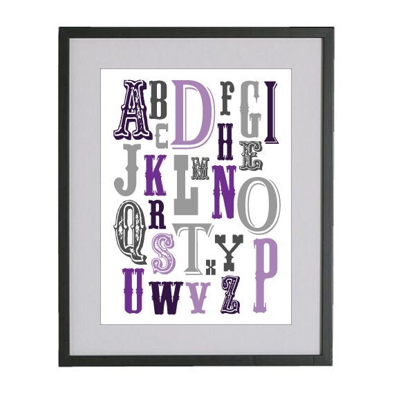 11x14 Passion Purple and Soft Grey Vintage Alphabet Nursery by Jayna Denbow