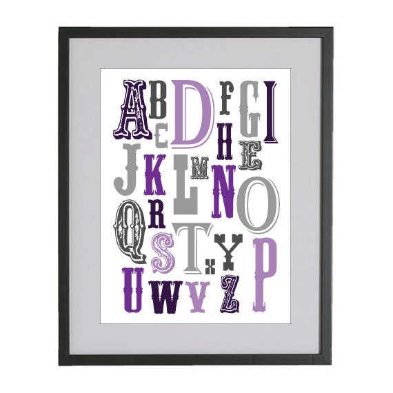 11x14 Passion Purple and Soft Grey Vintage Alphabet Nursery by Jayna Denbow