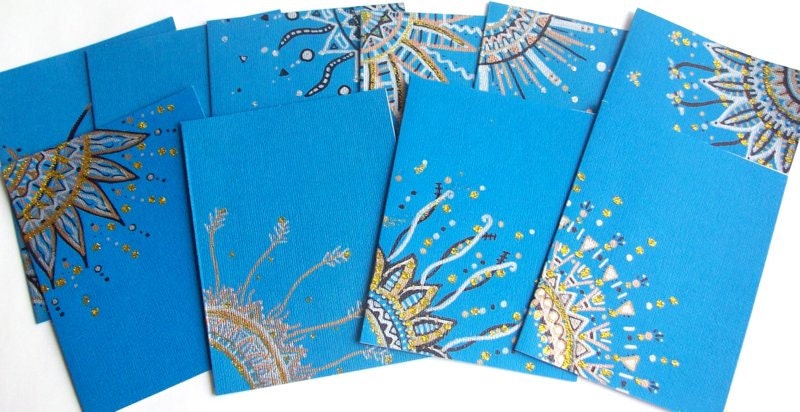 FIVE ASSORTED Hand Drawn Note Cards in Ocean Blue - Envelopes included