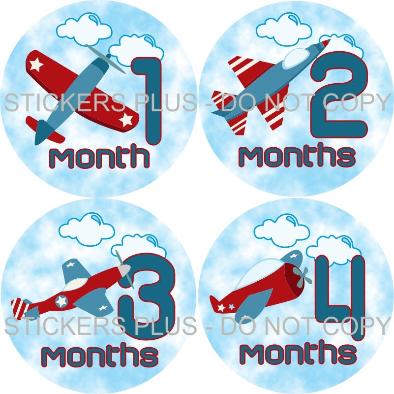 Monthly Baby Onesie T Shirt Stickers Boy Airplane Jet Plane in Sky Blue Red - 1-12 Months Plus BONUS Just Born - Gift