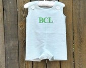 reserved for Ashley, overnight shipping Boy's Jon Jon,...Green and White Stripe Seersucker...eco-friendly...3m,6m,9m,12m,18m,2t,3t,4t