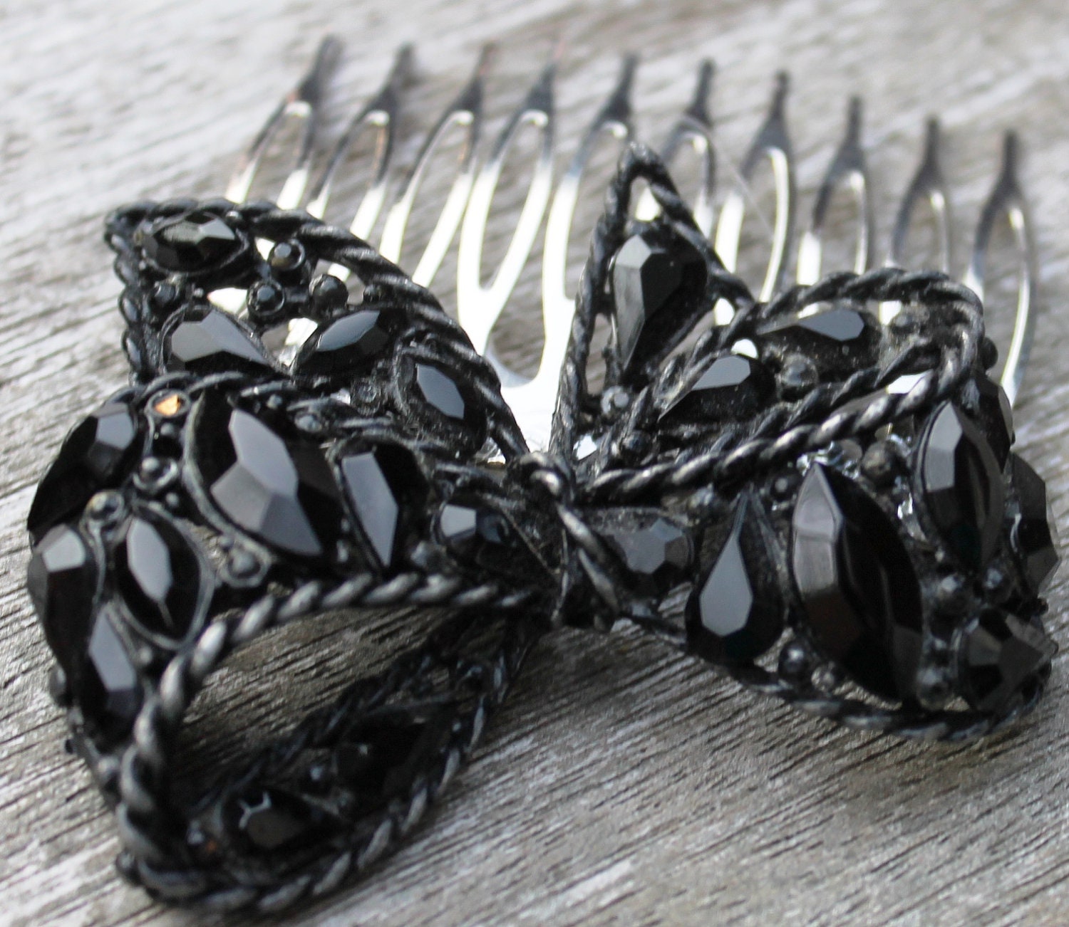 Vintage Black Rhinestone Bow Hair Comb- Wedding, Prom