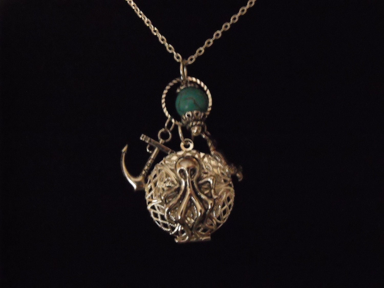 Steampunk Octopus Locket Necklace Silver Turquoise Bead