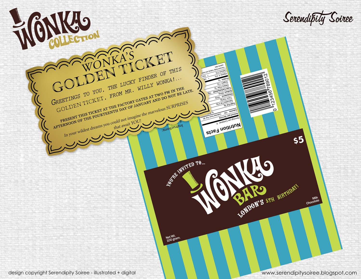 Custom Invitation - Willy Wonka Chocolate bar wrapper and golden ticket - Modern Il_570xn