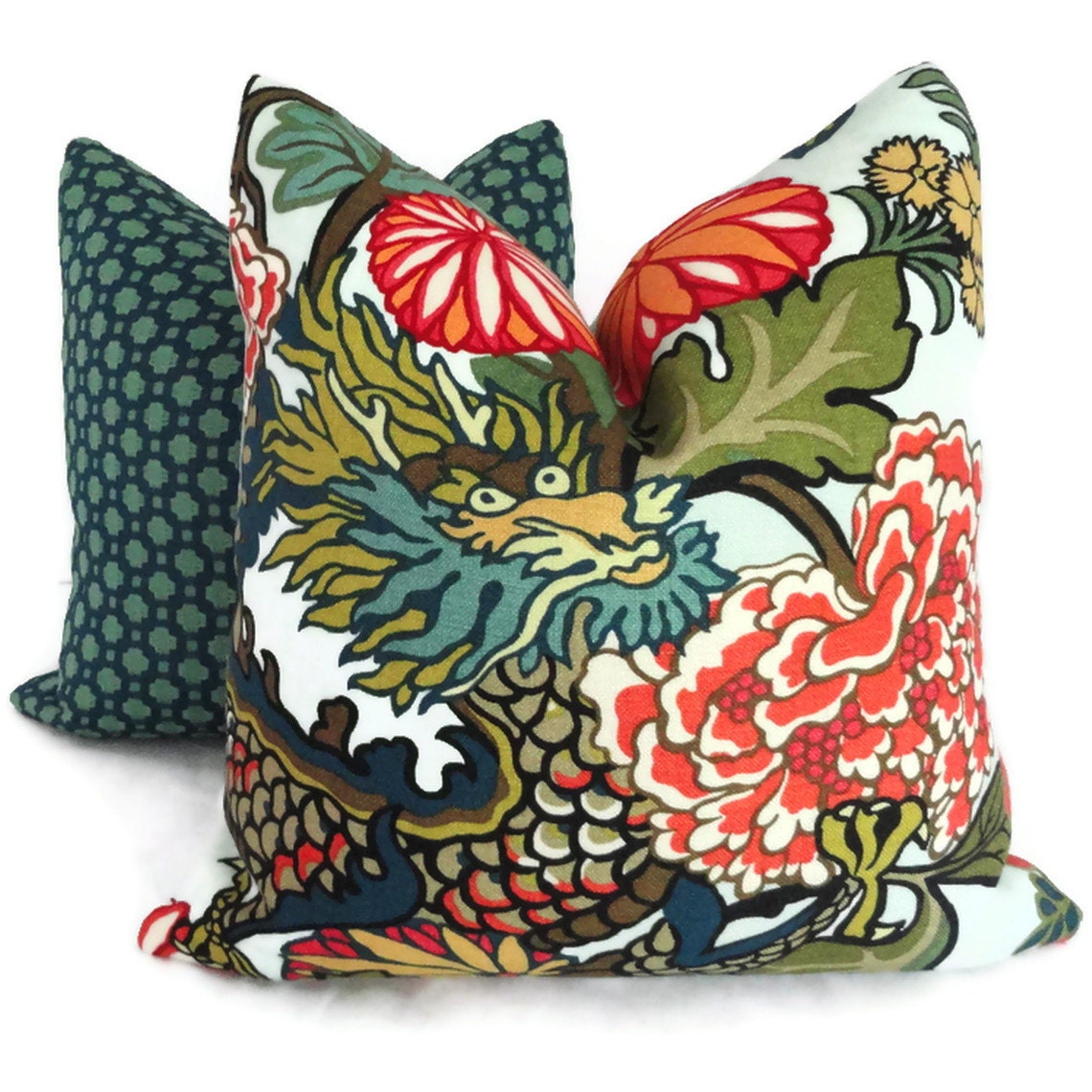 Pair of Aquamarine Schumacher Chiang Mai Dragon Decorative Pillow Covers, Toss Pillows, Accent Pillows, Throw Pillows