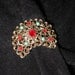 VINTAGE Rhinestone BROOCH Cresent Moon red rhinestones blue beads gold tone Filigree Pin