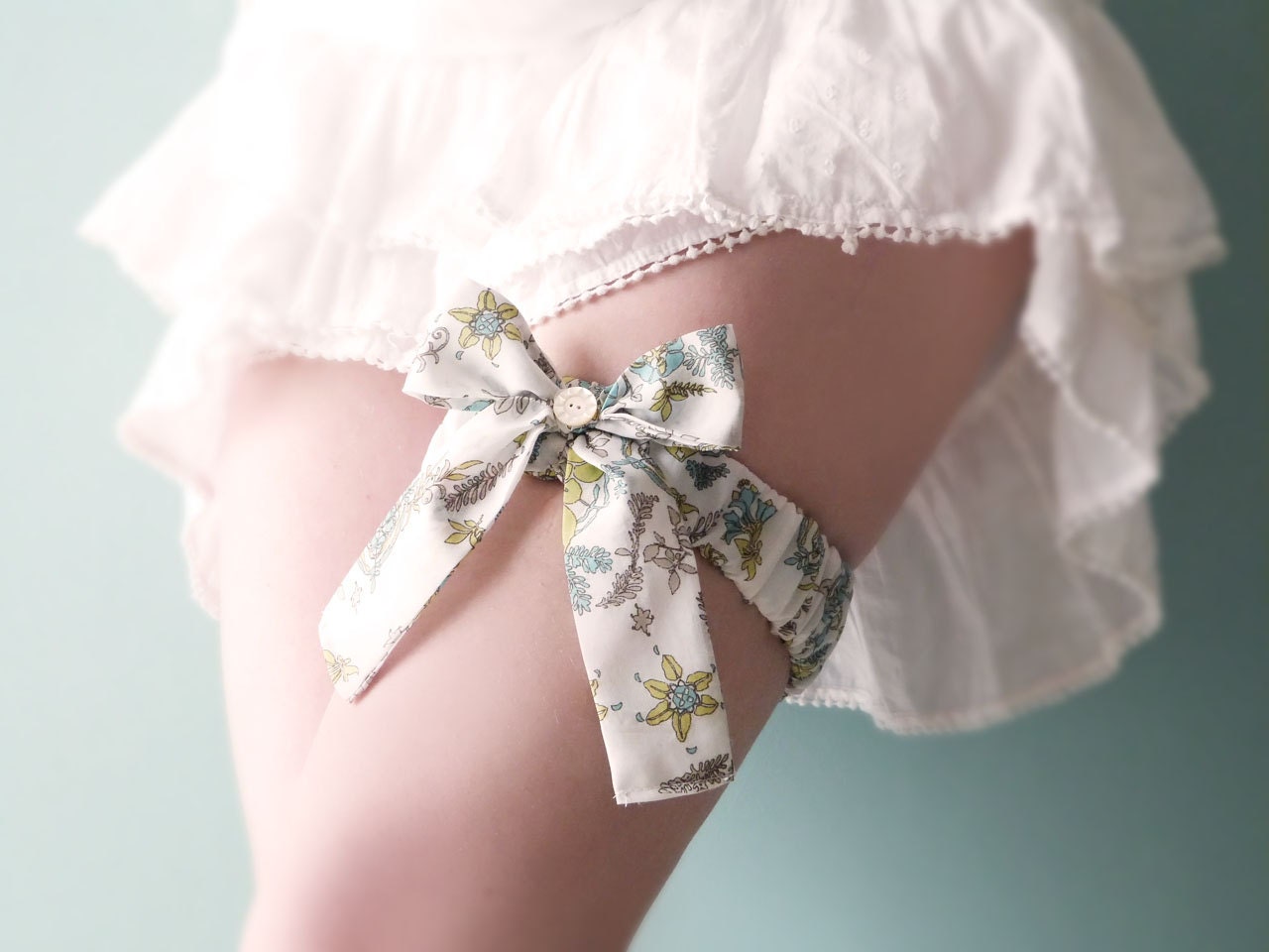 Bridal garter Romantic floral cotton French lingerie OOAK by Jye, Hand-made in France - Joliejye