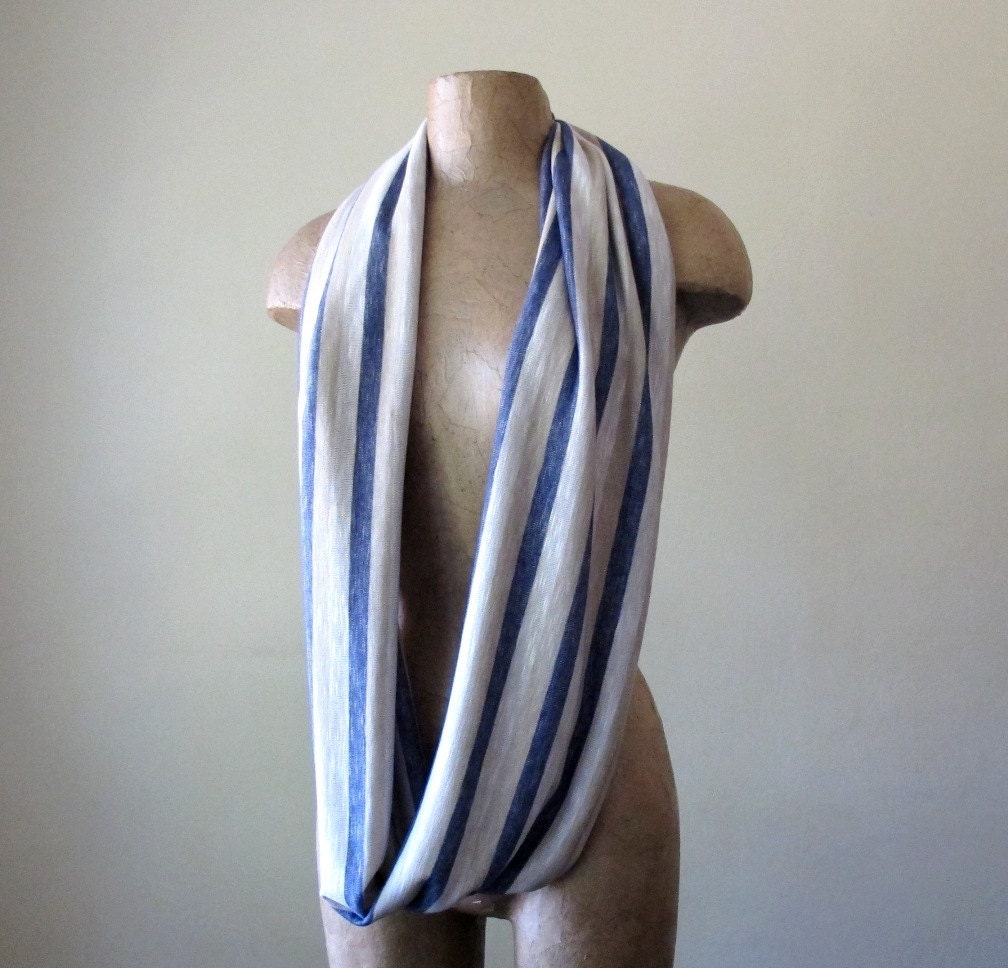 Striped Infinity Scarf - Nautical Jersey Knit Circle Scarf - Infinity Cowl - Denim Blue, Wheat, Straw - Loop Scarf with Stripes