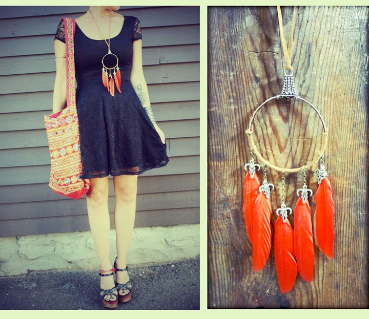 Handmade Large Red Dream Catcher Feather Necklace, Long Horn, Leather Tribal Necklace, Bohemian, Hippie, Statement Feather Necklace, Aztec