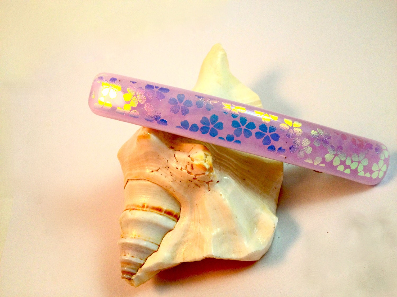 Hair Barrette - French Barrette - Fused Glass Barrette - Pink  Blue Silver Dichroic Glass Barrette - 112