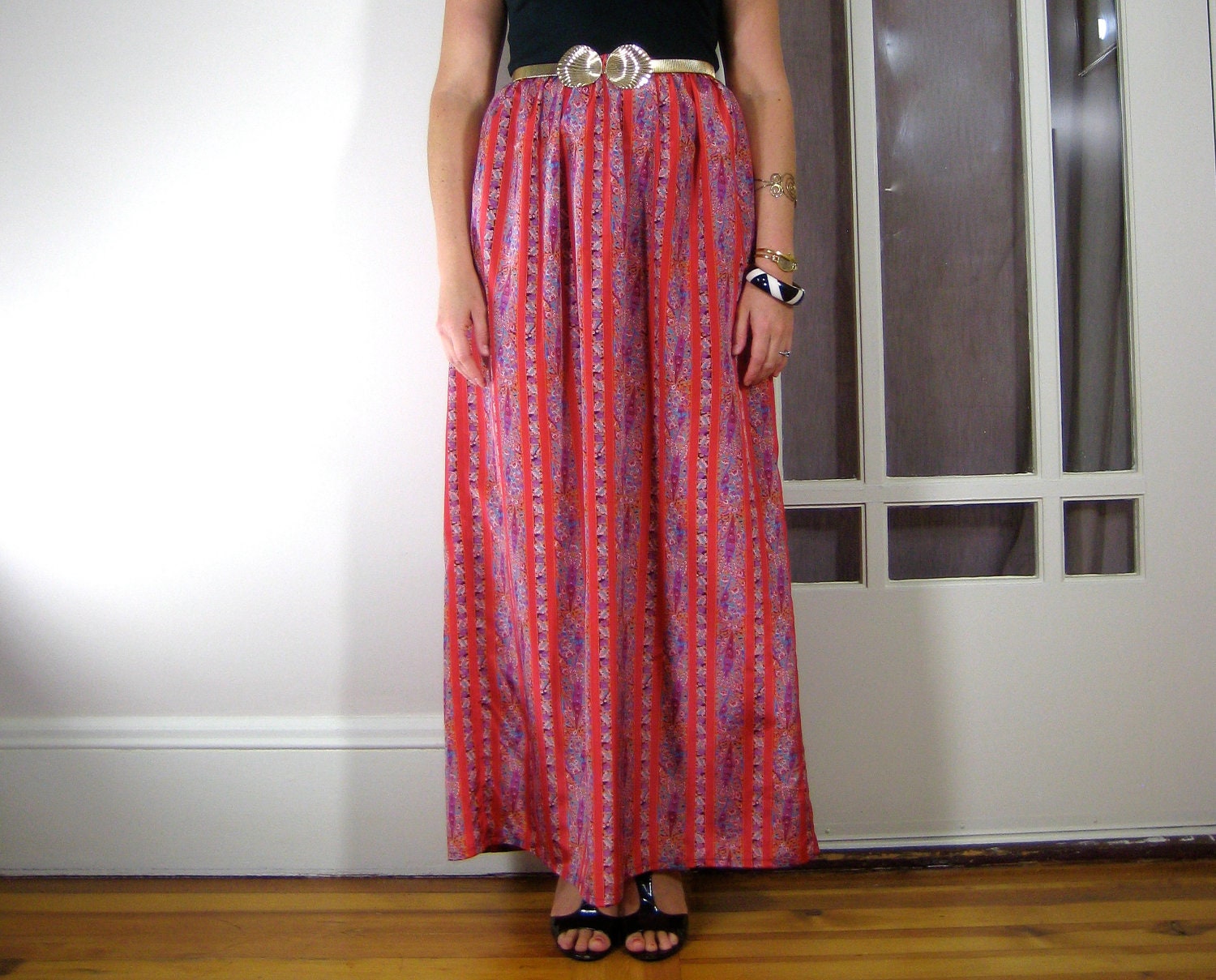 PAISLEY STRIPE MAXI - maxi dress, sleeveless dress, mod 60s, holiday party dress, long dress, black and red, eco friendly, paisley print
