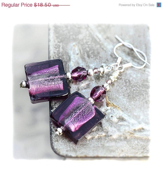 SALE Aubergine Murano tile Earrings Artisan violet silver foil Lampwork bead, Gift Idea for her - MADEbyMADA