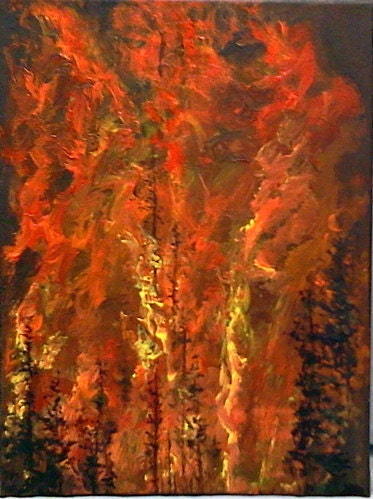 Childhood Blazes original, acrylic painting on 12" x 16" gallery canvas.  wall art, fire, forest, red, landscape