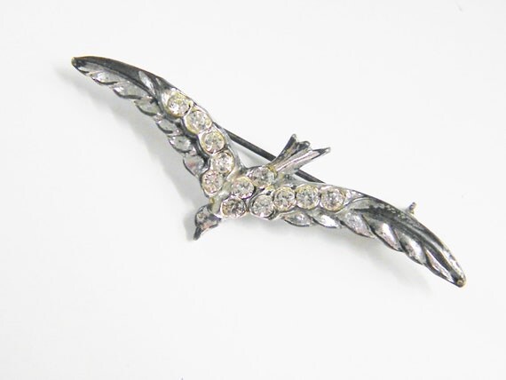Vintage Clear Rhinestone Bird in Flight Brooch, 40s