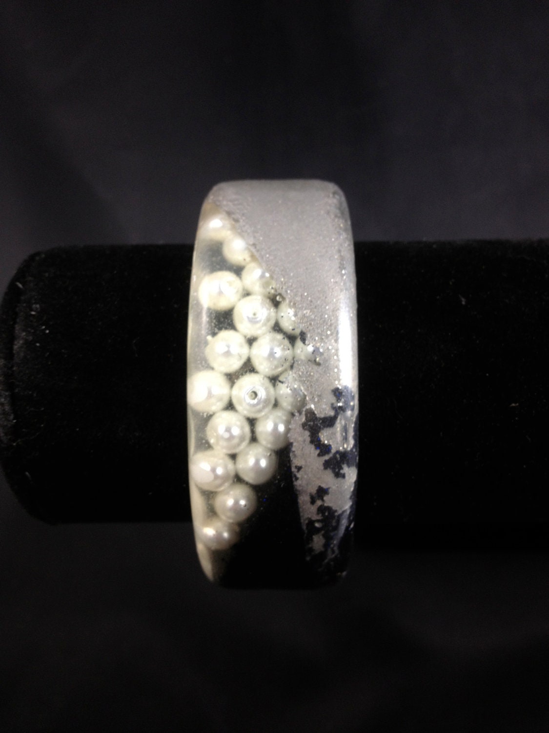 Hand Cast Resin Bangle with Black, White, Silver and Pearls