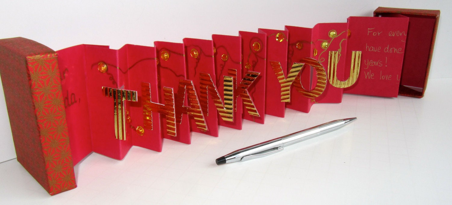 THANK YOU Card in a Box Accordion Miniature Book-Card Original Design CUSTOm MADe To Order Handmade Personalized in Red and Gold OOaK