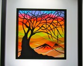 Tree Of Life Home Décor Wall Art Silhouette Paper Cutout, Rainbow Colors in the Background Original Handmade Design Framed & Signed OOAK