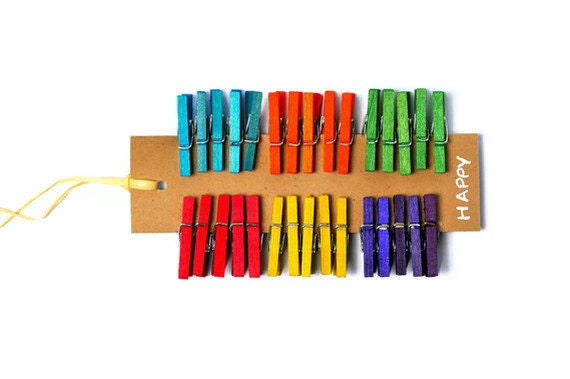 Colored mini clothespins . 30 . wooden pegs . rainbow . 1 inch . clip . miniature . small . orange . yellow . green . turquoise . purple