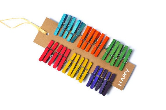 Colored mini clothespins . 30 . wooden pegs . rainbow . 1 inch . clip . miniature . small . orange . yellow . green . turquoise . purple