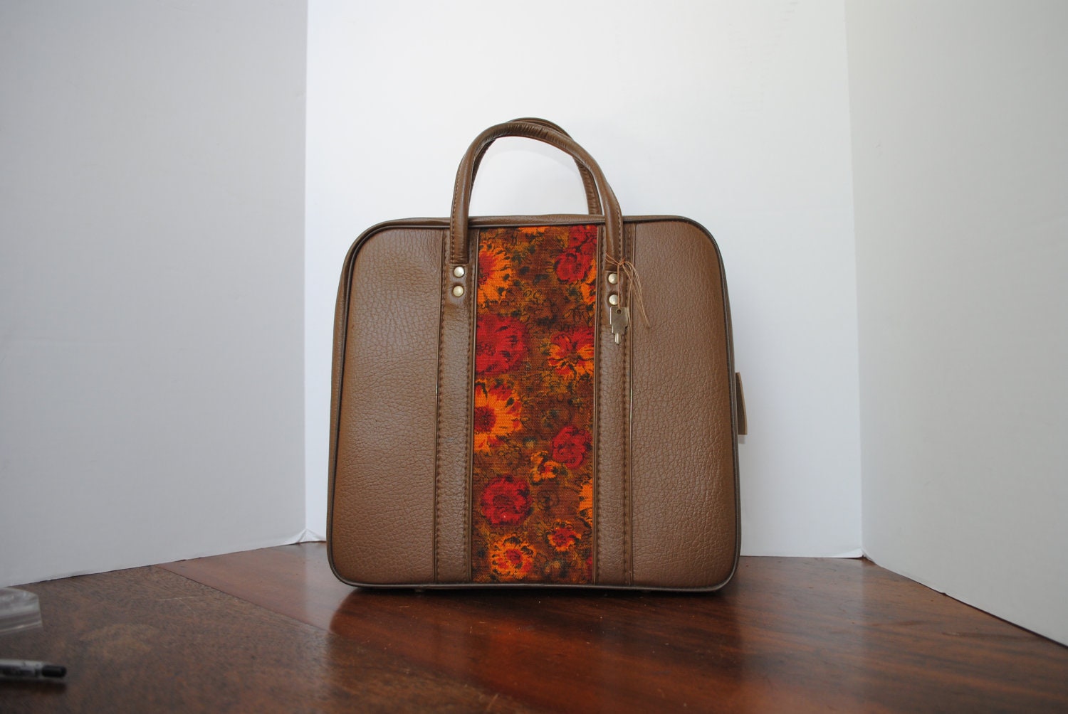 60s Vintage Carry On Travel Luggage Purse Cosmetic Carrier Bag Brown Orange Floral