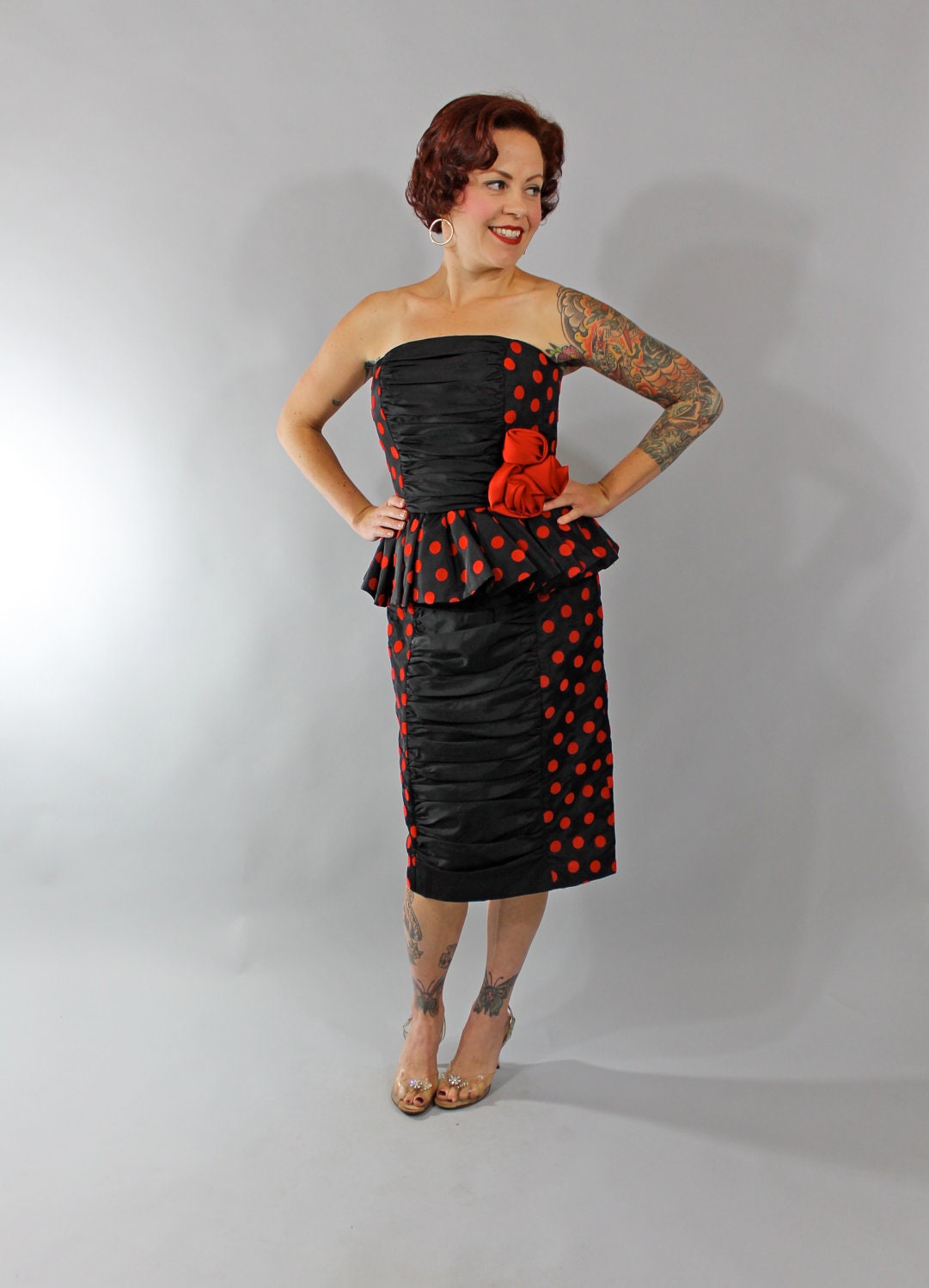 1980s Vintage Dress...Fall Fashion Black Taffeta 80s Cocktail Dress with Red Polka Dots and Peplum Size Small