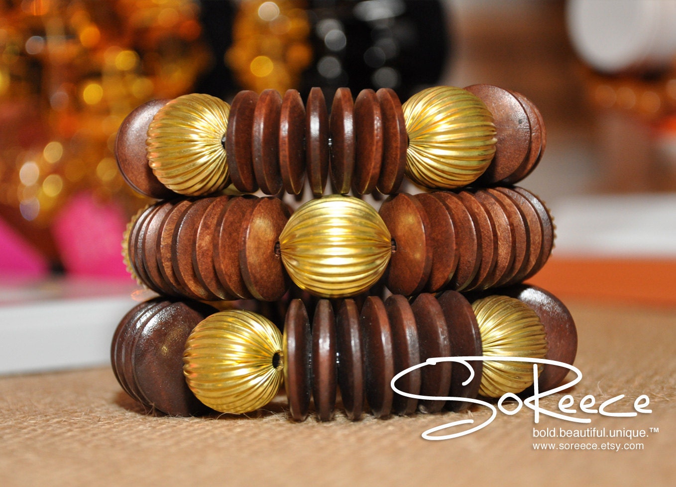 NEW - Mahogany brown wood and brass stretch bracelet - WARRIOR bracelet
