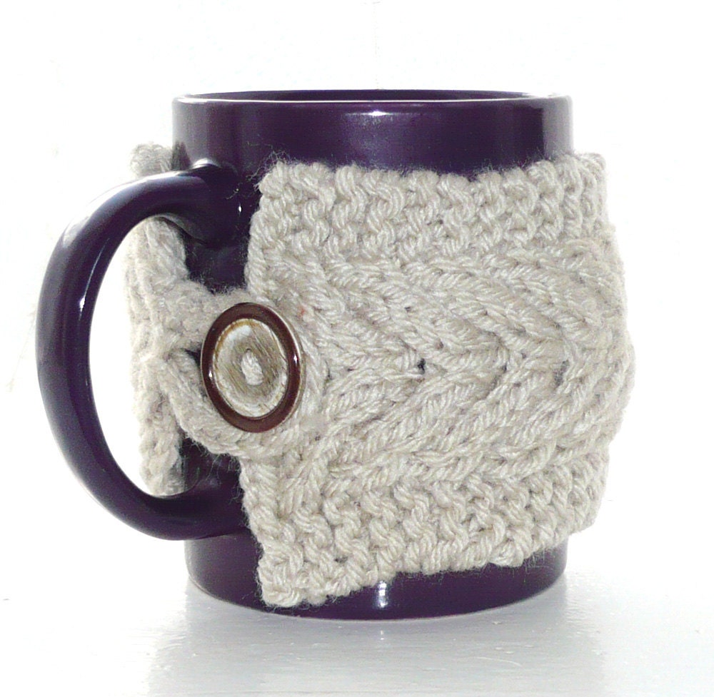 Cup Cozy with Mug Cream Purple Mug Included Aubergine Egg Plant Cosy Coffee Tea Cup Cover Wood Wooden Toggle Button Kitchen Farm Country