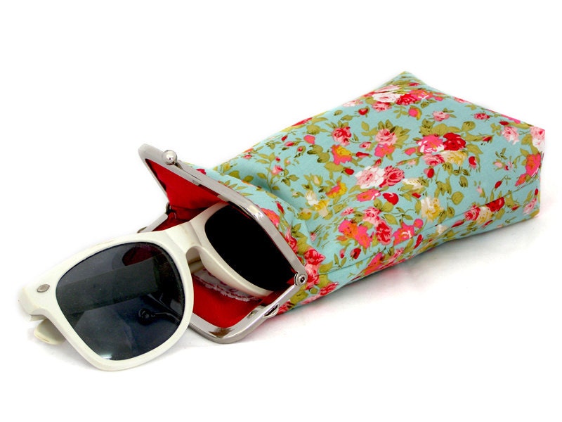 Sunglass Case - Mint Green with Red Flowers 100% cotton  - Silver Frame