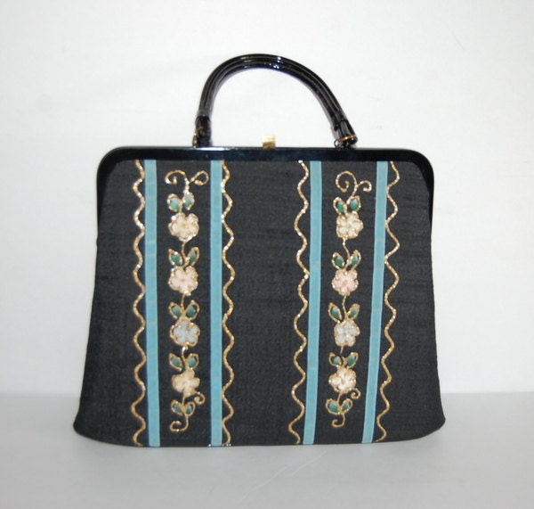 Vintage 50s Handbag Black with Appliques Stylish Purse