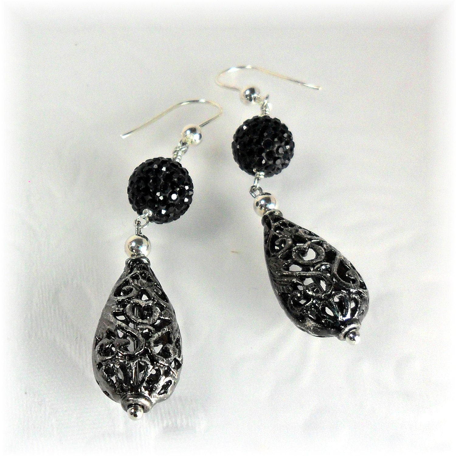 Beautiful Black Filigree And Beadelle Crystal Earrings