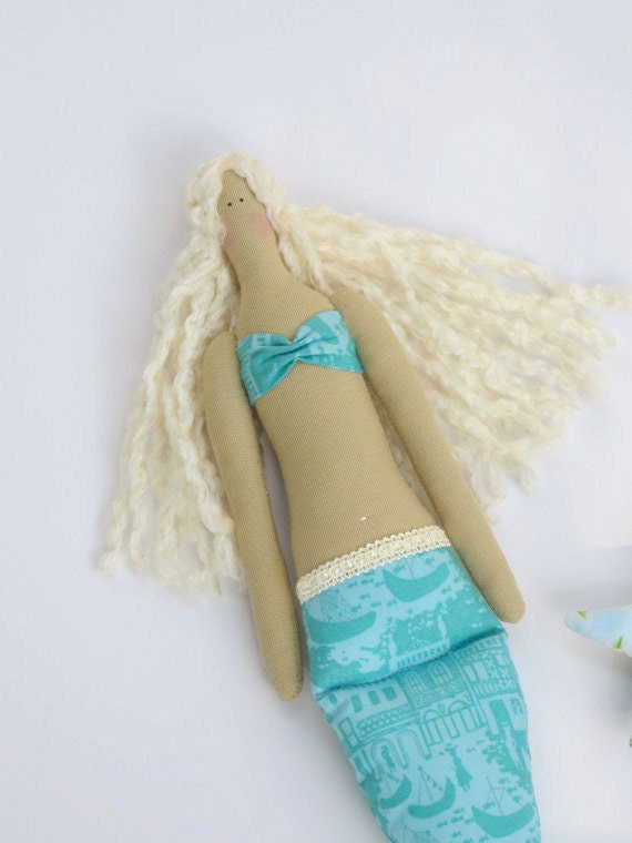Sweet fabric doll Mermaid  and star,softie plush blonde cloth doll blue turquoise fairy tale doll handmade child friendly doll