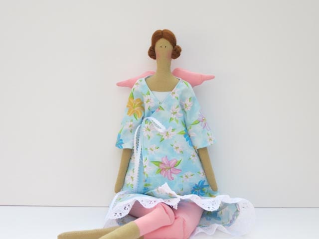 Handmade fabric angel doll in blue dress Guardian angel- cloth doll,stuffed doll brunette fairy.Summer angel doll- gift for girls and mom