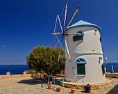 White blue island windmill, Fine art photography, Greek island landscape, Seascape, romantic boho print, nursery decor, 8 x 12"