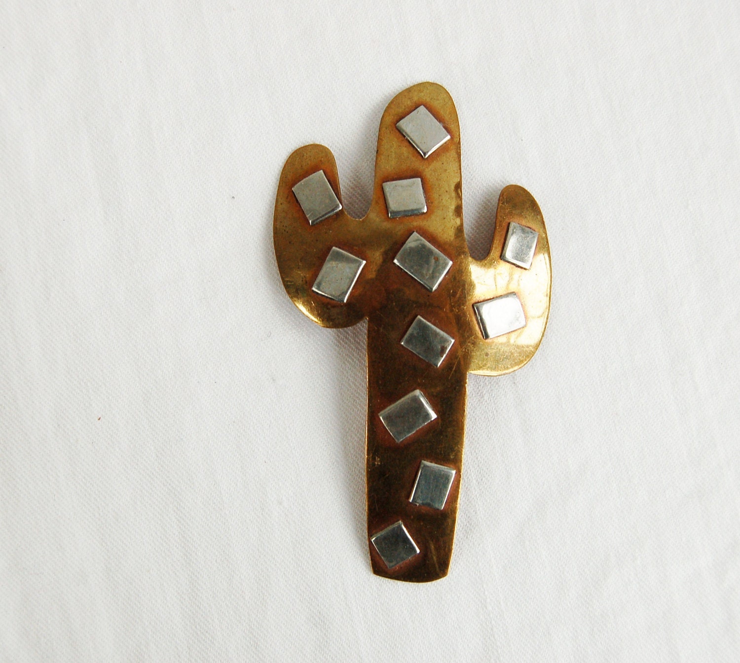 Vintage Brooch Pin Cactus Copper and Silver 80s Mixed Metals
