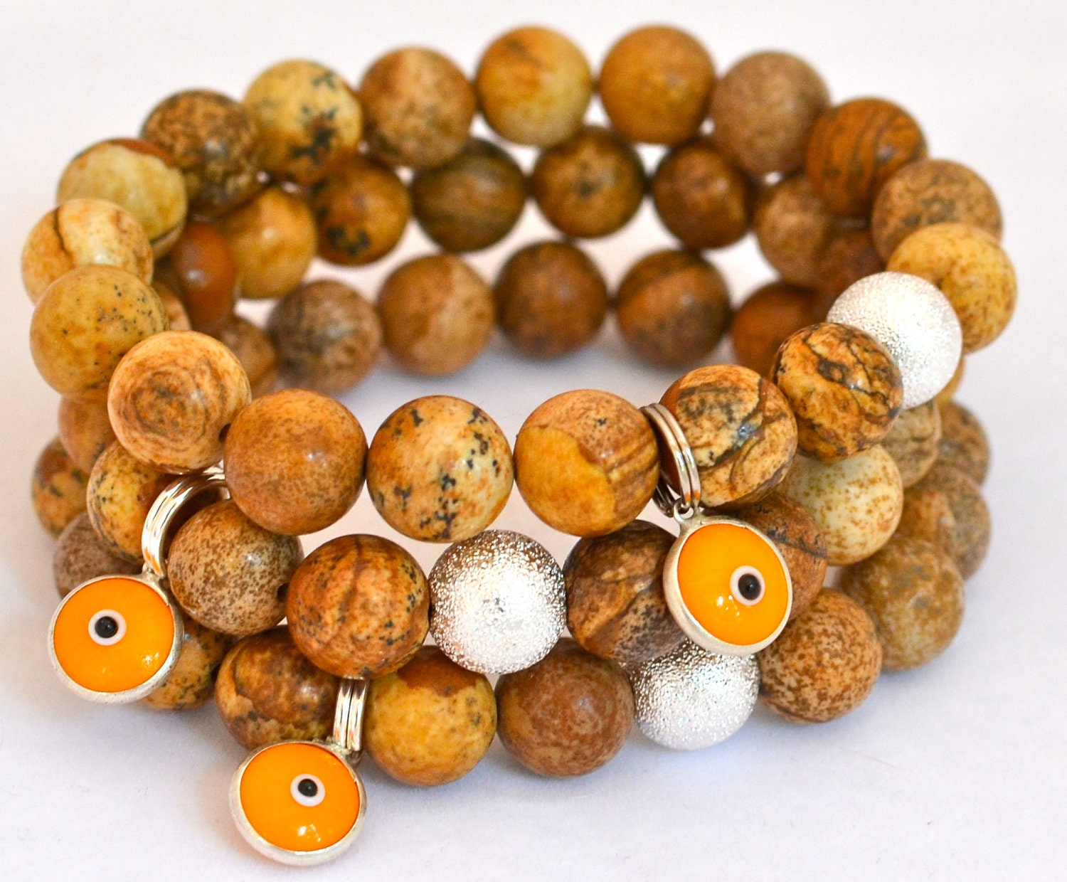 Picture Jasper Semi Precious Gemstone Beaded Bracelet with Silver Stardust Bead and Glass Evil Eye Charm from Turkey