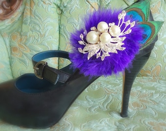 Purple Shoe Clips. Peacock leaves shoe clips.Pearl brooch crystal .Wedding, Bridesmaids -Becky Collection-02