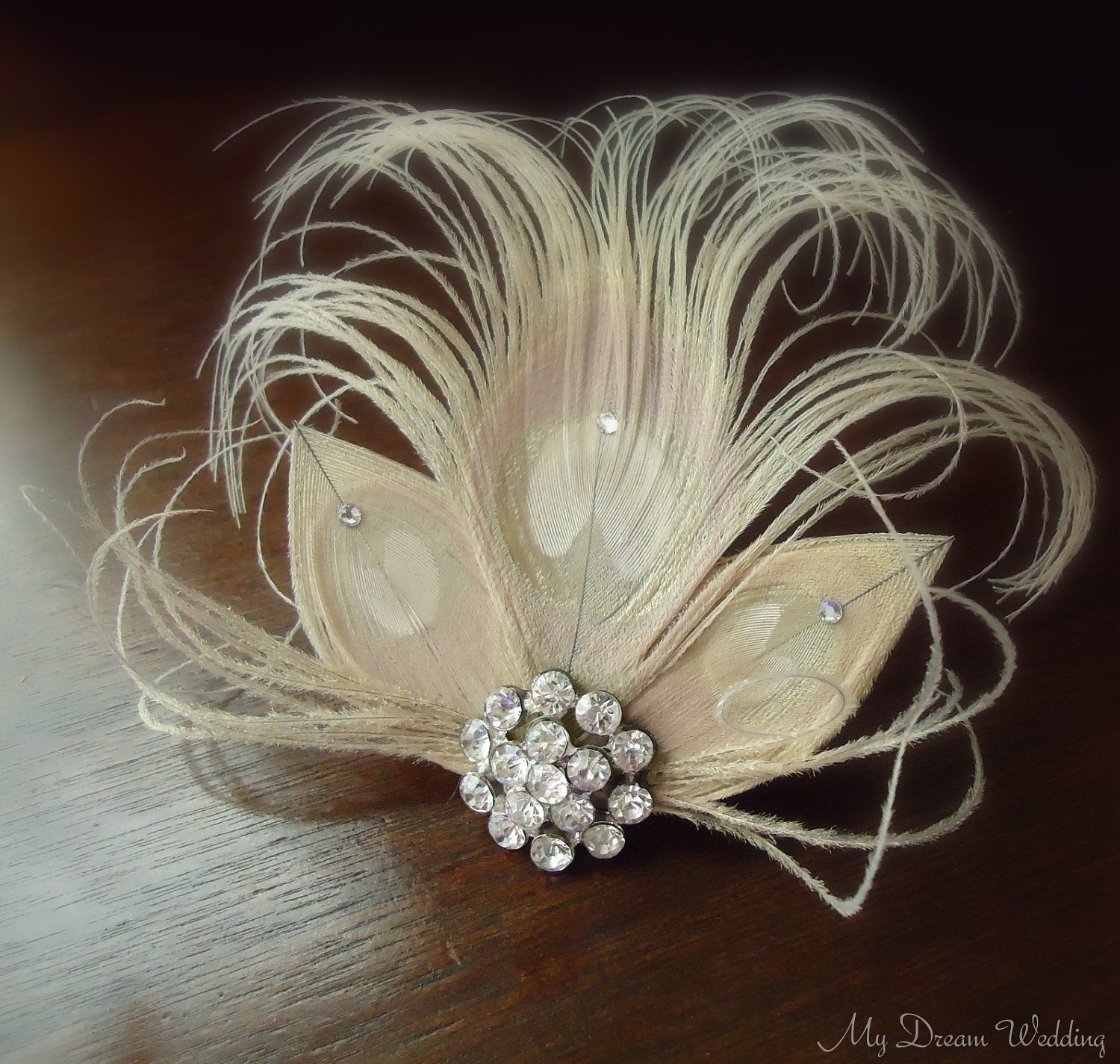 Ivory Peacock Headpiece. SWAROVSKI Crystals, Rhodium Plated button or 18K GOLD Plated center with Czech Rhinestone center -Emily-Ivory