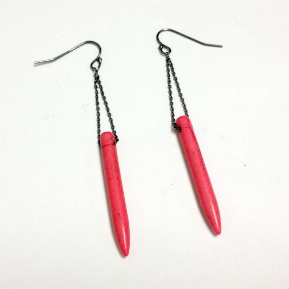 Hot Pink Spike Earrings Oxidized Sterling Silver Chain Jewelry Stick Jewellery Point Modern Hipster Natural Gemstone Native American