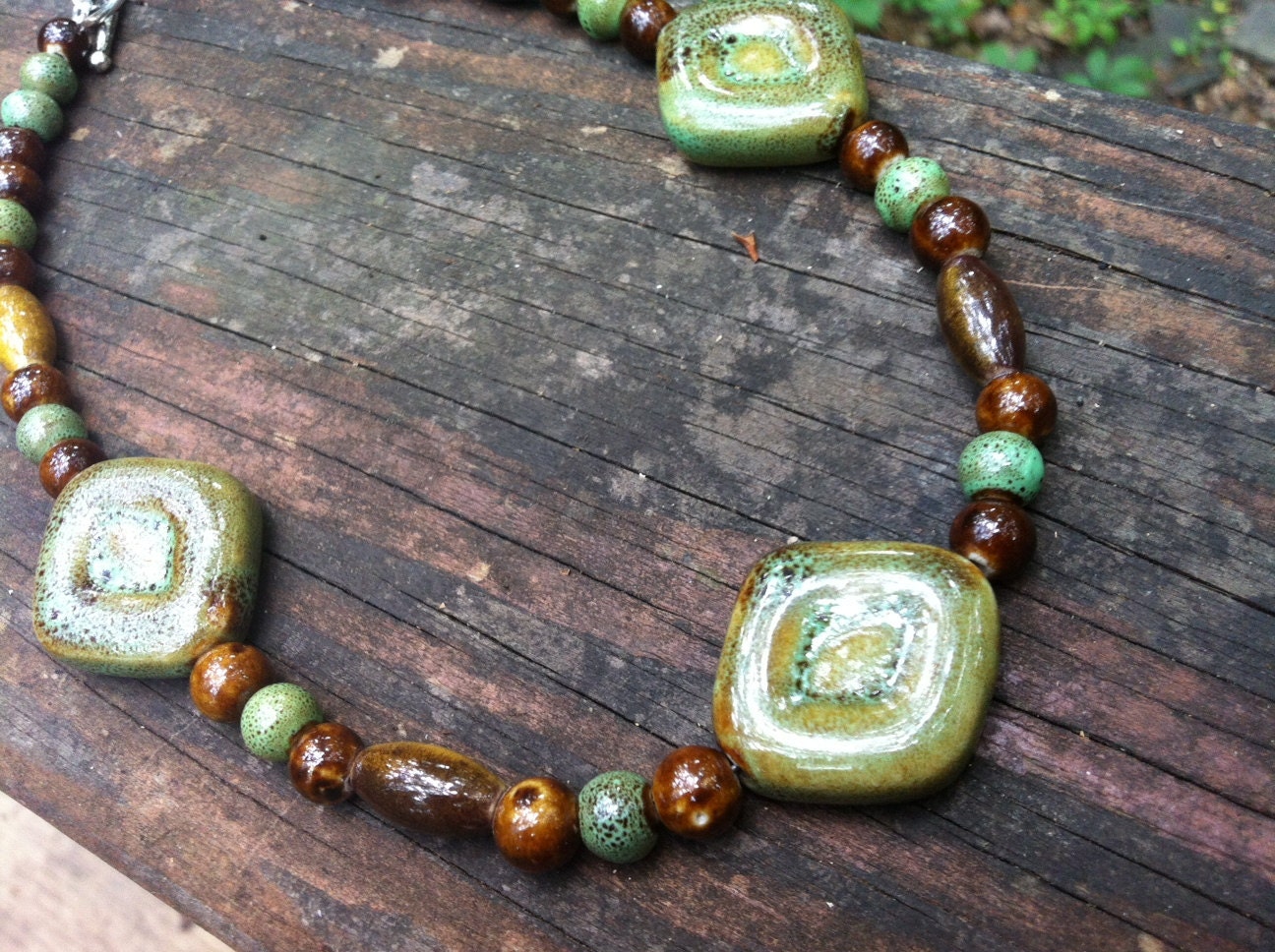 Porcelain Necklace, Earthy Tones, Greens and browns, Porcelain Beads