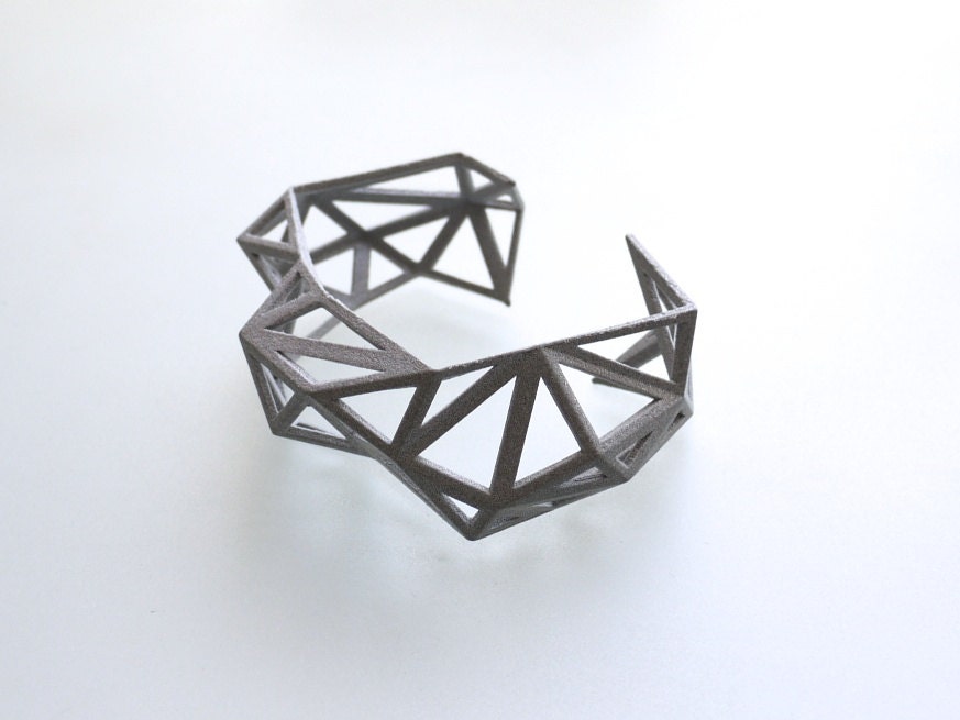 summer fashion, gray geometric cuff - Triangulated Cuff bracelet in Polished Alumide. 3d printed. modern statement jewelry