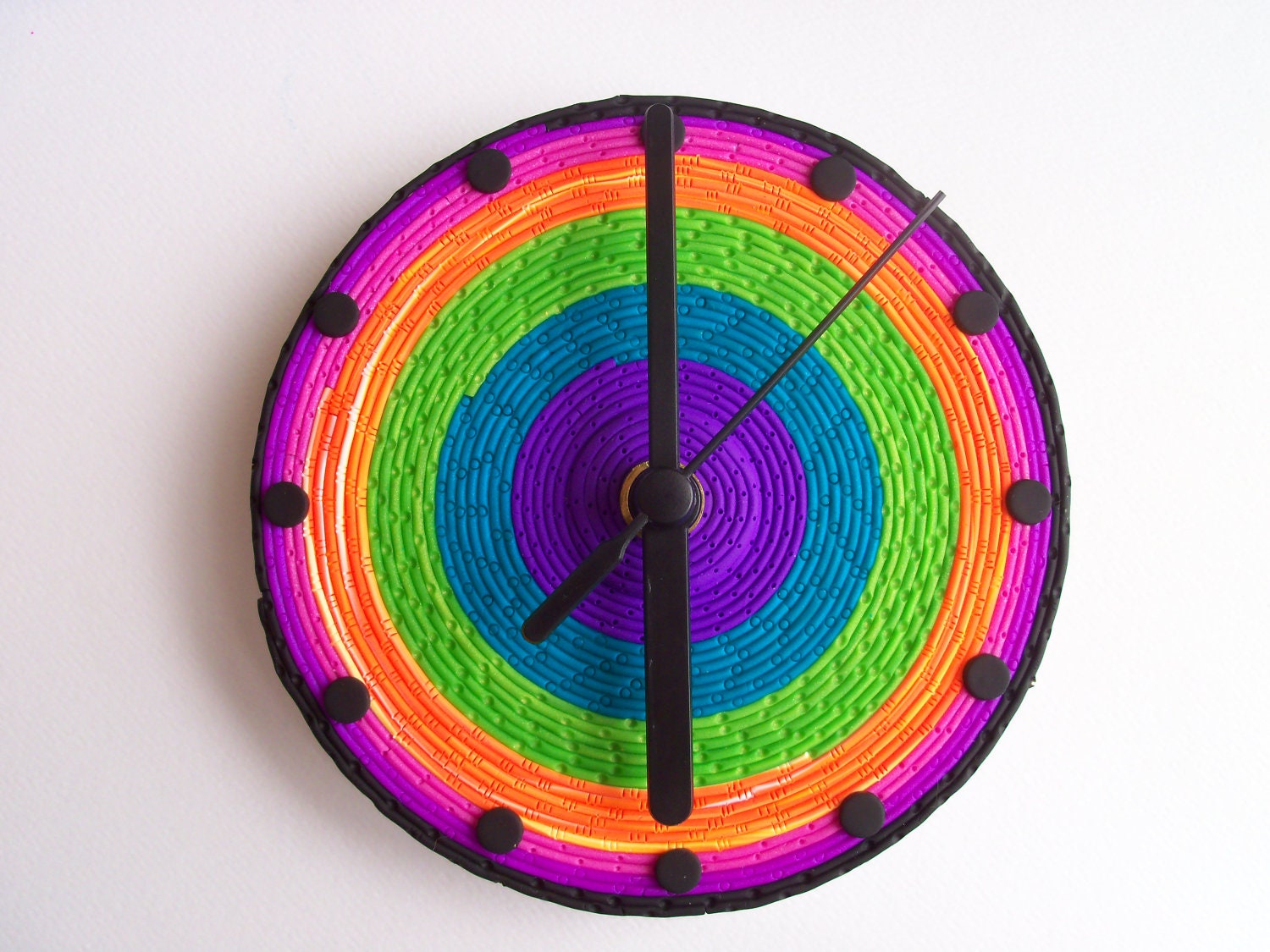 Psychedelic CD Wall Clock, polymer clay, bright colors, recycled clock