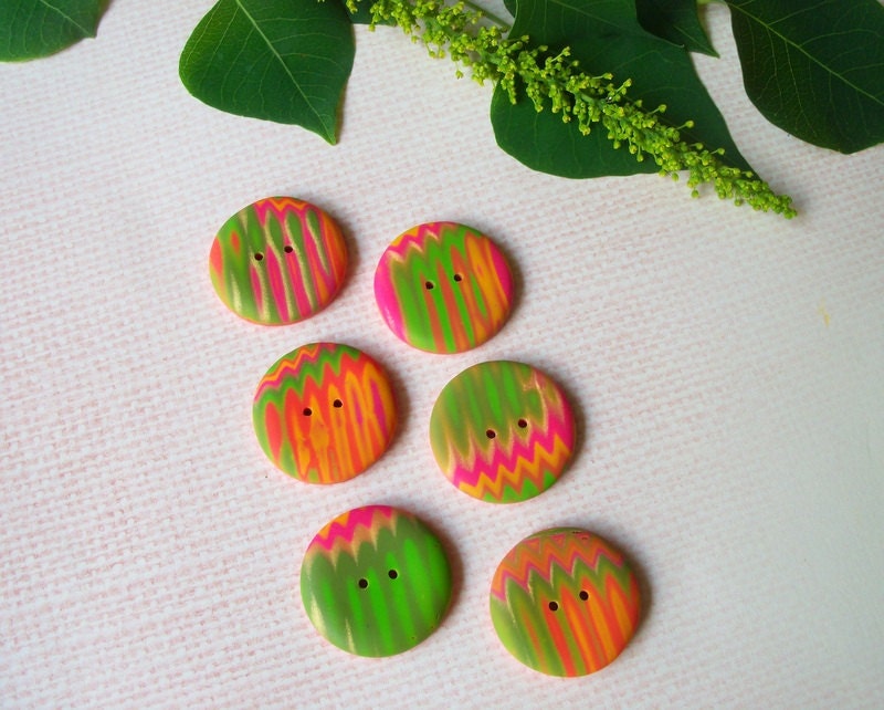 Polymer Clay Buttons, 1 inch, set of 6, green orange coral gold