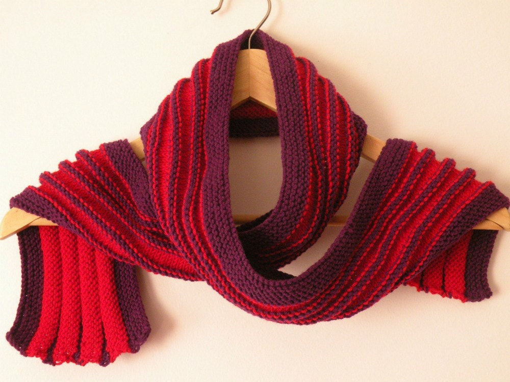 Hand Knit Scarf - Ridged Scarf in Red and Purple