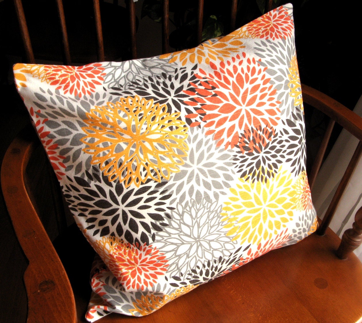 Floral Pillow Cover, Orange and Yellow Slipcover, Gray Flowers, Washable, 18 Inch
