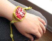 Red and Lime Handmade Fiber Bead Jewelry, Fabric Bracelet, Paper Bead Cuff