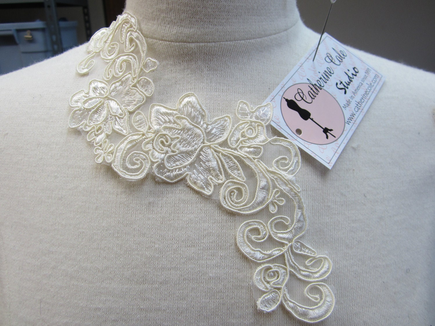 Embroidered shear venice lace yoke applique trims 1pce. wedding lingerie bridal lace trims venise lace Catherine Cole Studio