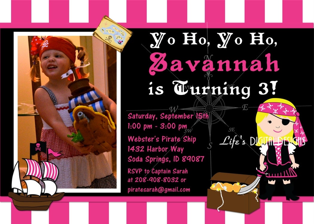 Girl Pirate Invitations Birthday Pink White Stripe Photo Option Customizable Printable