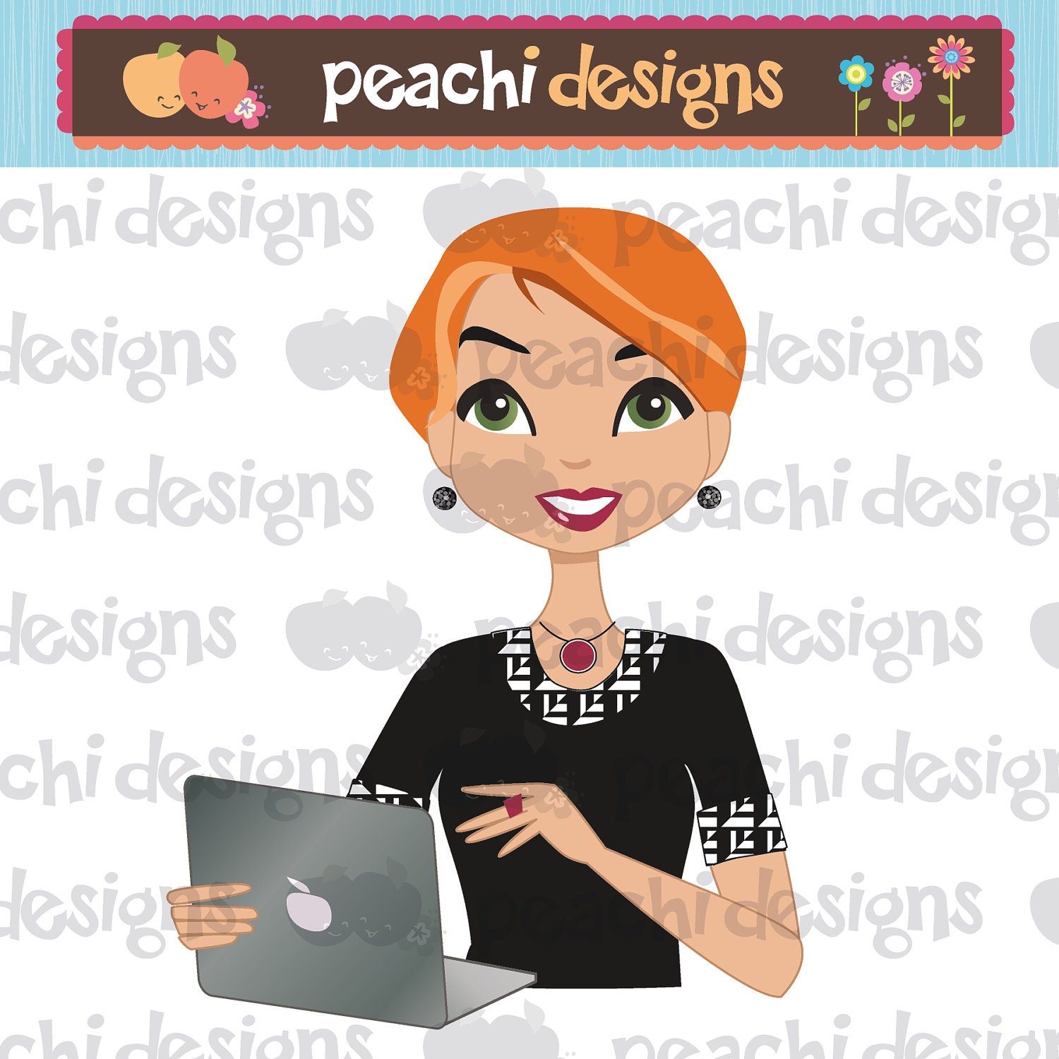 Custom Short Red Hair Girl Character with Laptop Notebook