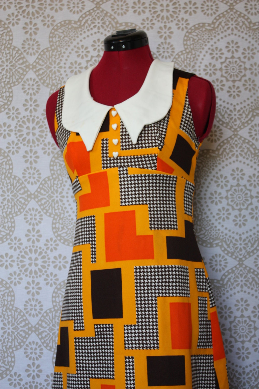 Vintage 1960's 70's Autumnal Geometric Shapes Print Mod Mini Dress S/M